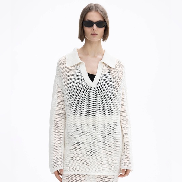House Of Dagmar Sweaters - House of Dagmar Linen Crochet Knit Polo Sweater Top in Off-white XXS